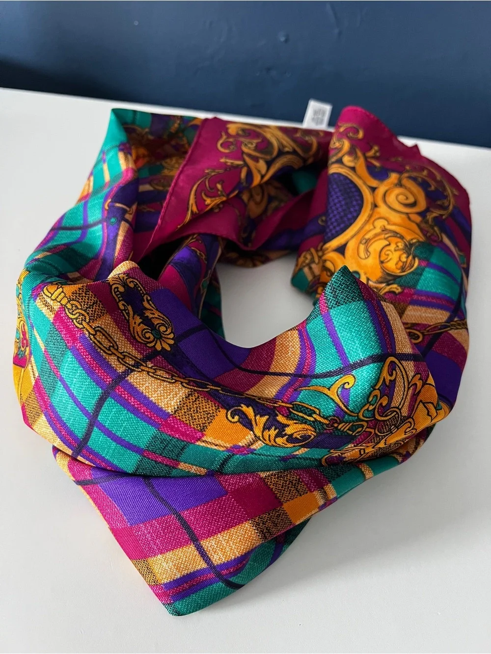 Vintage 80s 90s Italian Baroque Plaid Chain Square Scarf